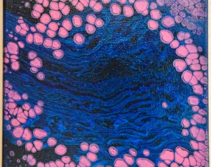 Fine Wall Art Acrylic Pour Painting, Pink Pearls in a sea of dark blue