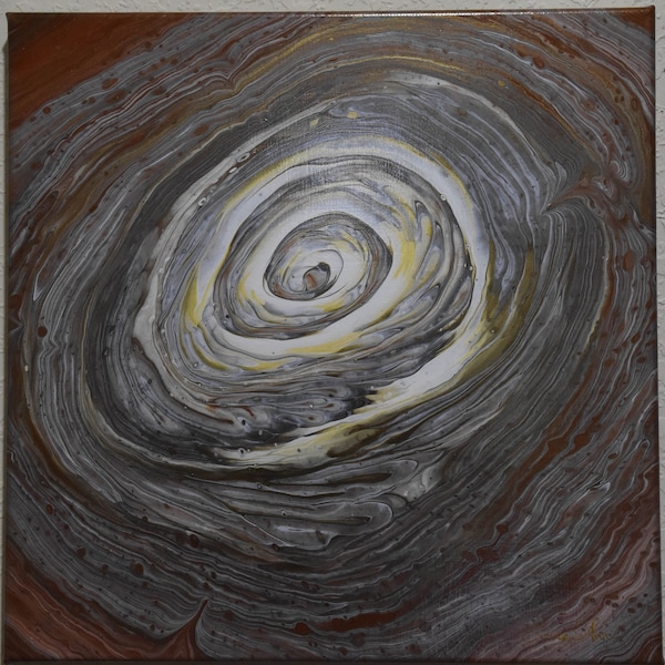 New Galaxy - Abstract acrylic spiral cloud pour painting on 16" square canvas. Spiral of copper, silver, gold and white.