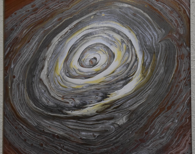 New Galaxy - Abstract acrylic spiral cloud pour painting on 16" square canvas. Spiral of copper, silver, gold and white.