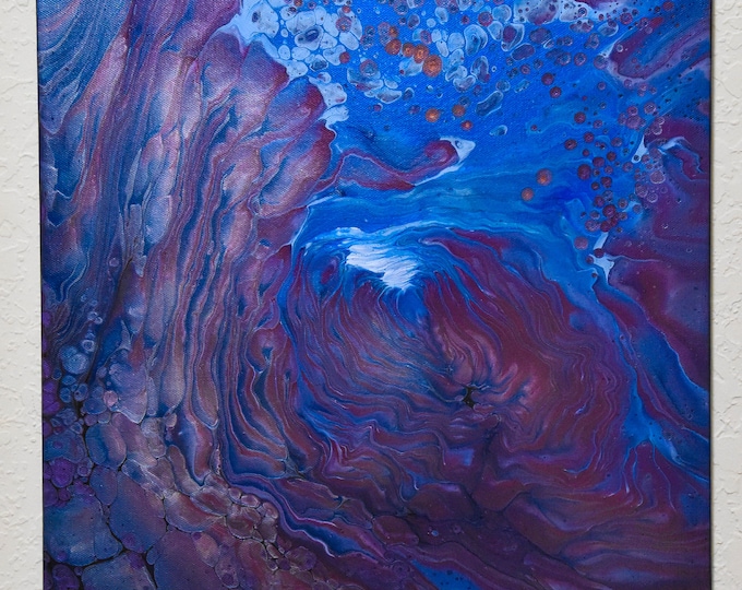 Sea Fire Spray - Abstract acrylic pour painting on 16" wide x 20" tall canvas. Volcanic eruption into sea.