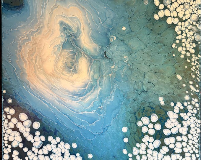 Arctic Deep Dive. 24" square acrylic cloud pour painting. Original Art.
