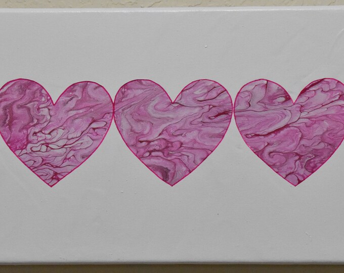 Be Mine! Valentine's Day Acrylic Pour Painting. Fluid Art. 5 Pink Hearts in White Background