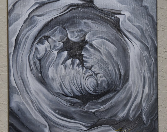 Black and White, 14" Square Abstract Acrylic Fine Art, Acrylic Pour Painting, fluid art