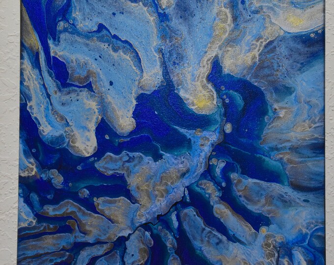 Golden Seas 2 - Abstract acrylic pour painting on 14" square canvas. Flip-cup acrylic pour in metallic Blues, silver, gold.