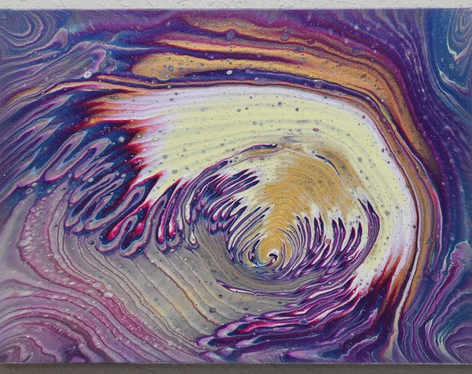 Cosmic Sunrise. Acrylic fluid art pour painting. pink, purple, yellow, cranberry, blue, and white.