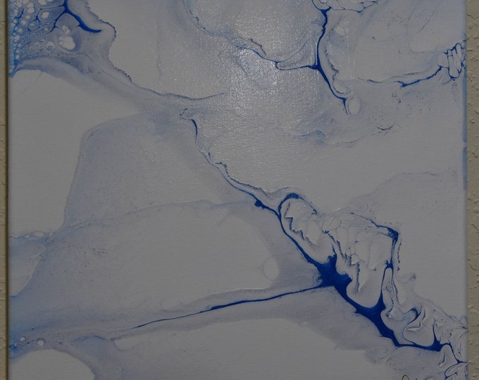 Ice Break - Abstract acrylic cloud pour painting on 14" canvas. Ice sheet, winter, blue and white.