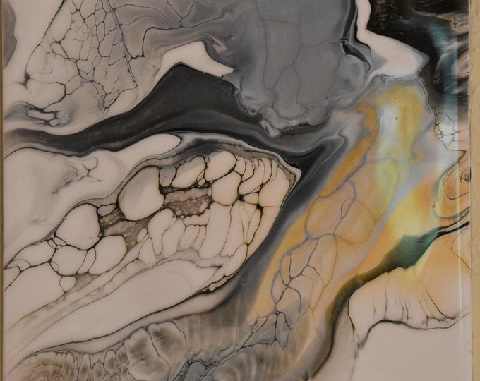 Black, White, Silver and Gold, 12" Square Abstract Acrylic Fine Art, Acrylic Pour Painting, fluid art, epoxy finish