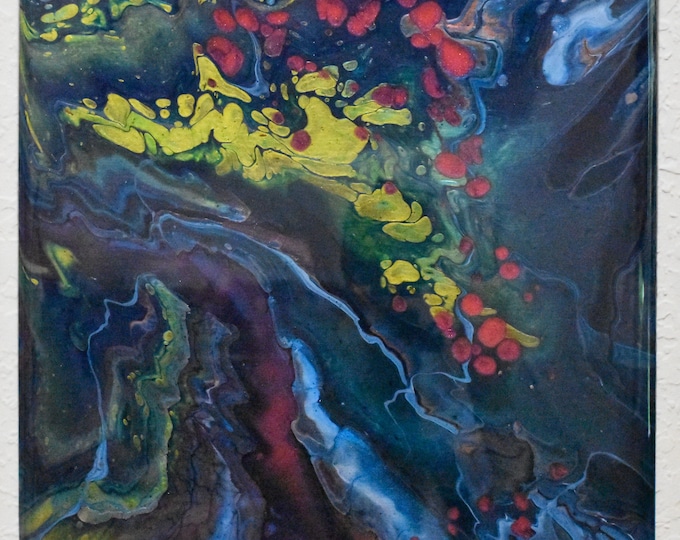 Acrylic fluid art flip cup pour painting with yellow, blue, red, green and purple cells, epoxy finished