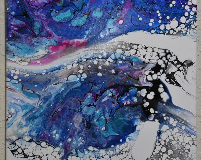 Winter Pool - Abstract acrylic swipe pour painting on 14" square canvas. Blue, pink, purple, cells.