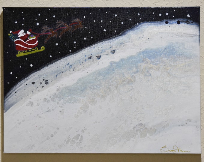 Santa and his Reindeer Flying Over a Snow Covered Earth, Christmas scene, acrylic pour painting enhanced with hand details