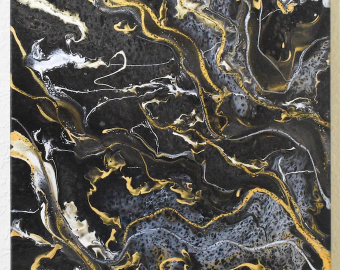 Hardrock! Gold Discovery Series. Acrylic Pour Painting, Fluid Art. Gold, Silver and Black on 16" wide X 20" Tall Canvas