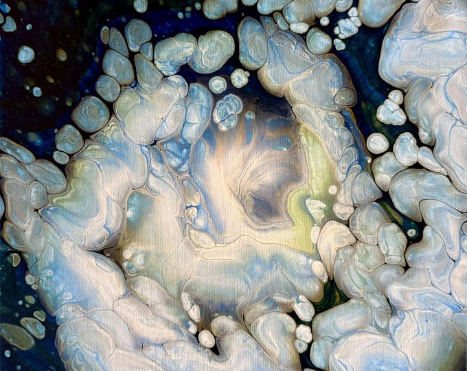 Big Bang. Cloud swirl cosmos. Acrylic cloud pour painting. 12" square canvas.