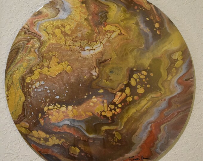 Golden Lights Portal - Abstract acrylic flip-cup pour painting on 18" circular gesso board finished in epoxy.