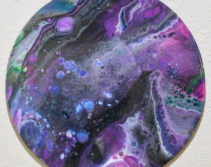 Cosmic Explosion. Acrylic fluid art pour painting. pink, purple, Payne's gray, blue, epoxy finished.