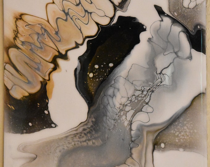 Black, White and Gold, 12" Square Abstract Acrylic Fine Art, Acrylic Pour Painting, fluid art, epoxy finish