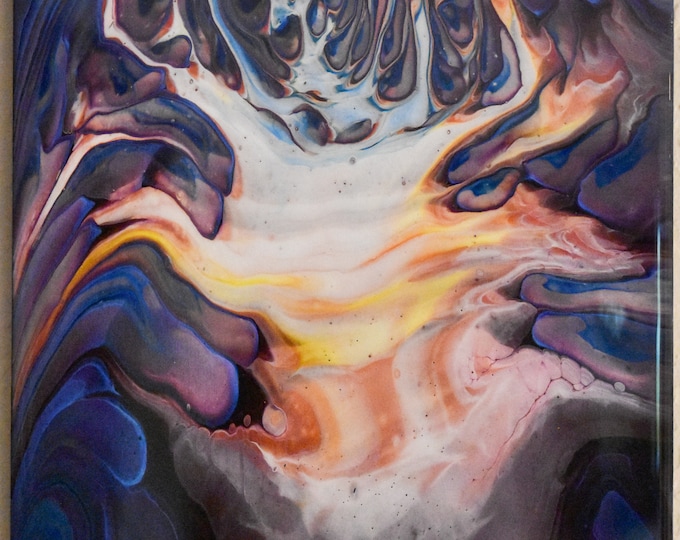 Hawaiian Sunset. Acrylic fluid straight-cup pour painting, Yellow, orange, pink, blue, silver swirls of sunset