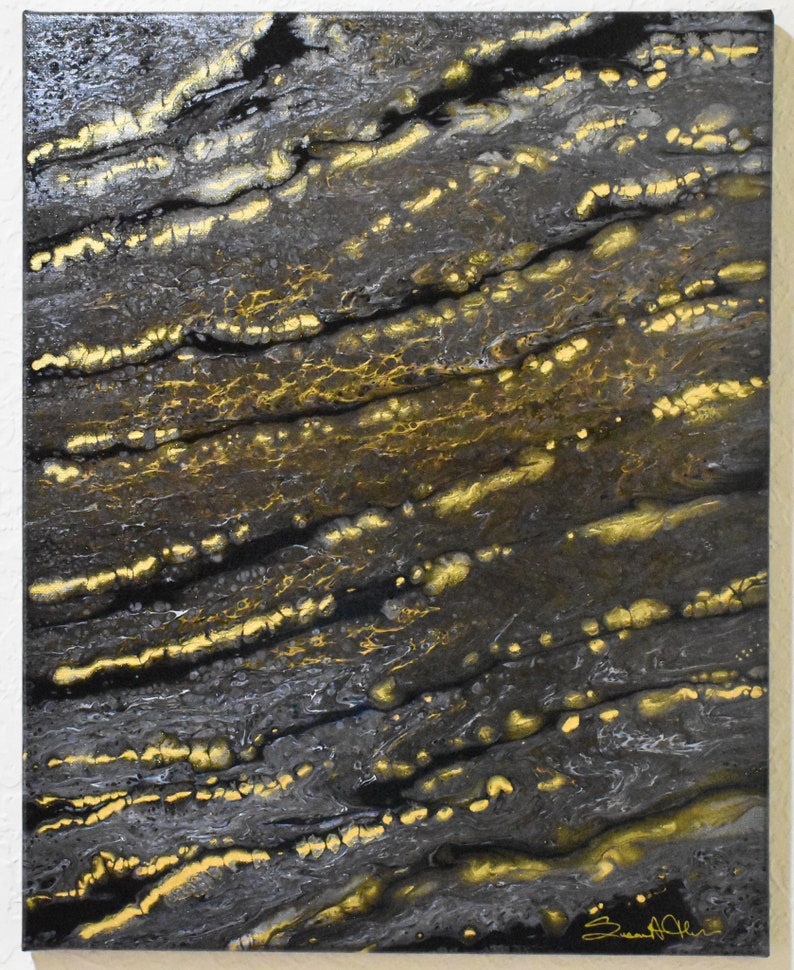 Gold Veins! Gold Discover Series. Acrylic Pour traveling cup painting. Metallic Gold and Silver veining. 16