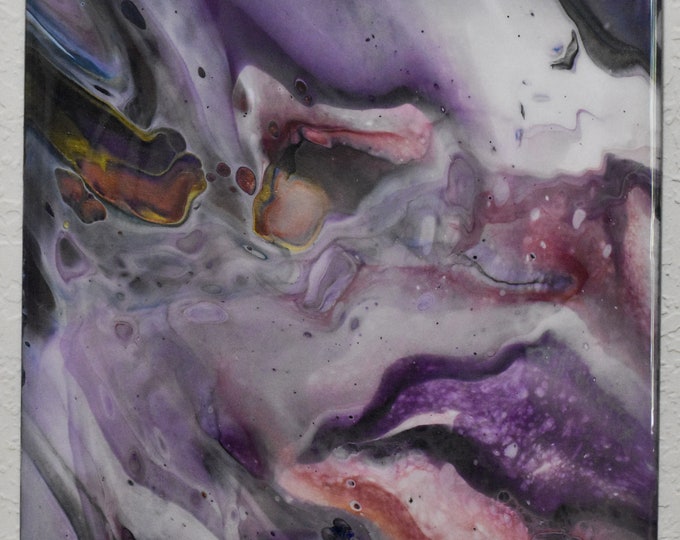 Candy Fluff. Acrylic fluid art pour painting, pink, purple, white, 12" gessoboard with epoxy finish