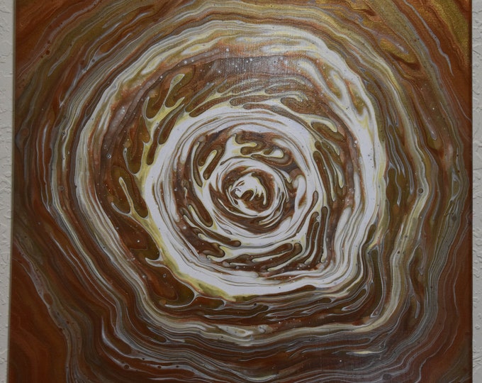 Leaf Swirl - Abstract acrylic spiral pour painting on 16" square canvas, Fall leaves in the wind.