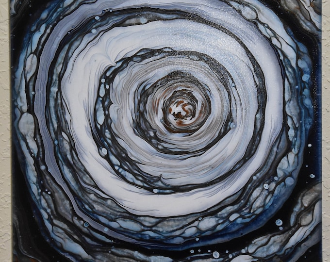 Eye of the Storm 2" - Abstract acrylic pour painting on 14” square canvas. Spiral cloud pour, blue, navy, metallic paint