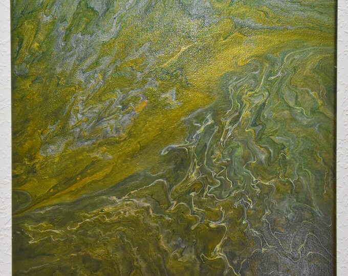 Precious Planet 1 - Abstract acrylic pour painting on 14" square canvas. Flip-cup acrylic pour in green, gold and silver