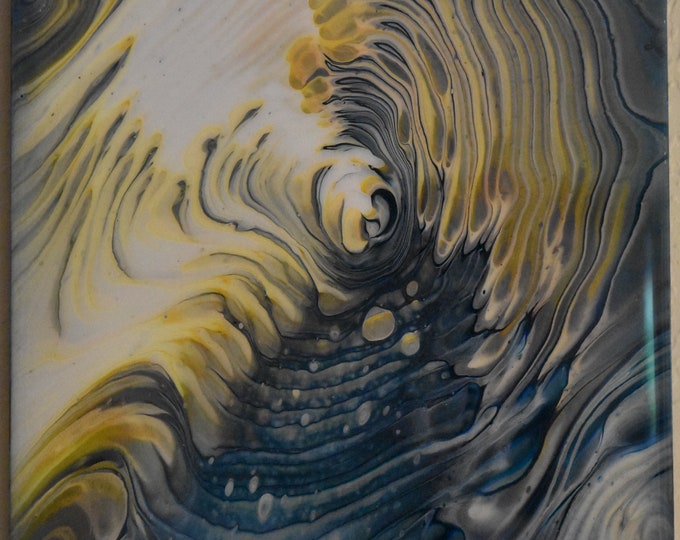 Fine Wall Art Acrylic Pour Painting, straight pour with swirls of yellow, blue, sliver and black.