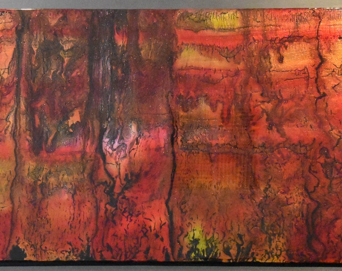 Fall Fire - Abstract Acrylic pour painting on 12" tall x 24" wide epoxy coated plywood.