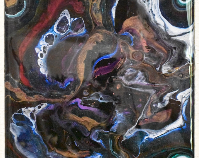 Acrylic fluid art flip cup pour painting with white, blue, purple, copper, multi-color and black cells, epoxy finished