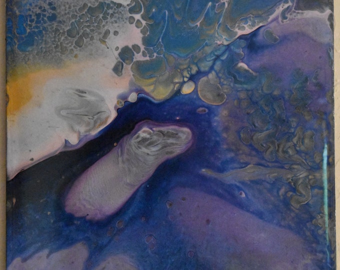 Hippo. Acrylic fluid art flip-cup pour painting. Purple, blues, gold, silver, swirls