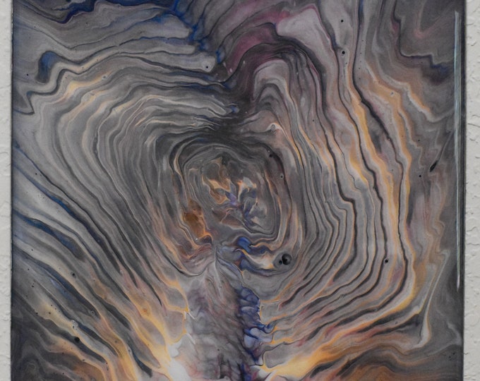 Acrylic fluid art painting with swirls of pink, yellow, orange, gray, pearl white. Epoxy finished