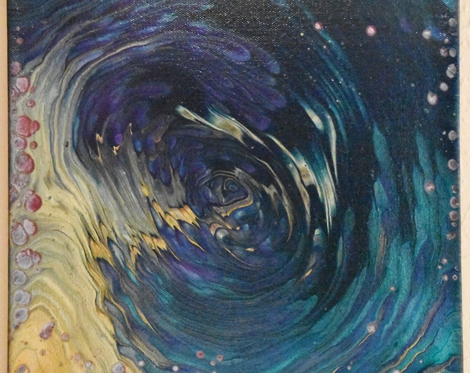 Silver and Garnet Pearls Float in a Sea of Blues, Fine Acrylic Wall Painting