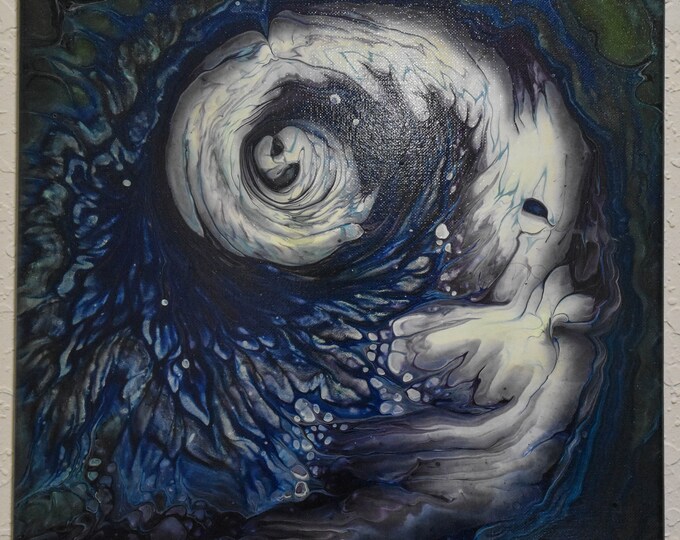 The Deep - Abstract acrylic spiral pour painting on 14" square canvas, Cave dive, deep ocean.