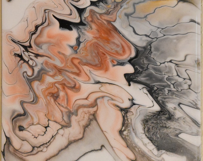 Copper, Gold, Black and White Acrylic fluid art flip cup pour painting. 12" Gessoboard with epoxy finish.