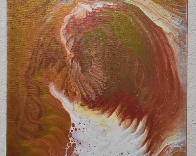Reaching into Time - Abstract acrylic pour painting on 16" wide x 20" tall canvas. Bronze, copper, cream and browns.