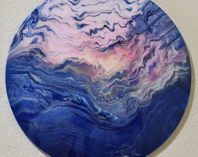 Sunrise Portal - Abstract acrylic straight pour painting on 18" circular gesso board finished in epoxy. Blues, pinks, cream.