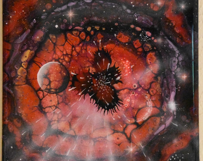 Fine Art Celestial Pour Painting, Stars, Planets Galaxy, Red, black, yellow