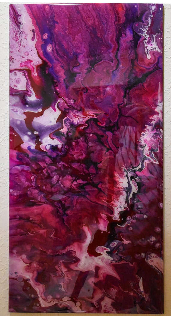 Violet Portrait Abstract Acrylic Straight Pour Painting on Gesso