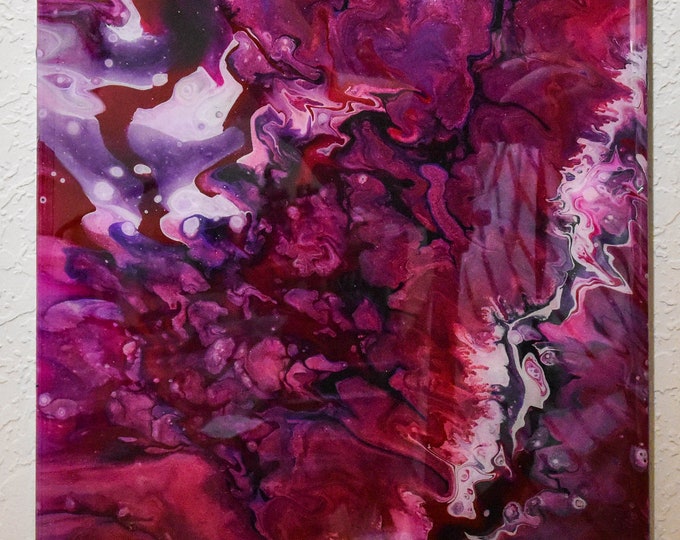 Violet Portrait - Abstract acrylic straight pour painting on gesso board with epoxy finish. Purple and red swirls