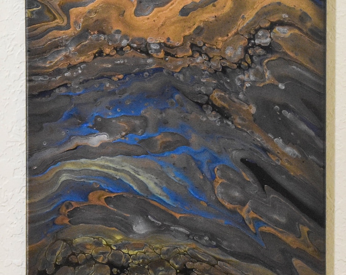 Silver Tide - Abstract acrylic pour painting on 15" wide x 30" tall canvas. Blue, copper, bronze, black and brown swirls.