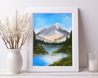 Serenity - Bob Ross Inspired painting art print ~ oil painting, forest, mountain, artwork, wall art, inspired, trees, lake