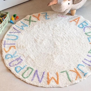 Handgefertigter Getufteter Baumwoll-Teppich – Bunter Bio-Teppich für Kinderzimmer, Spielzimmer, Montessori, Jungen- oder Mädchenzimmer