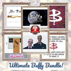 May include: A digital download bundle of cross-stitch patterns featuring characters and symbols from the TV show Buffy the Vampire Slayer. The patterns include the show's logo, the Hellmouth, the character Mr. Pointy, and the words "Hush Hush" with the image of the villainous  The Master. The bundle also includes the show's iconic symbol, the Slayer's symbol, and a quote from the show: "I love's bitch, but at least I'm man enough to admit it."