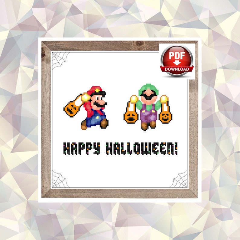 May include: A cross-stitch pattern featuring Mario and Luigi dressed in Halloween costumes, holding jack-o'-lanterns. The text "HAPPY HALLOWEEN!" is below the characters.