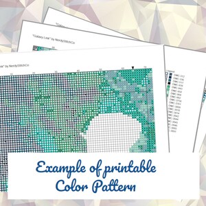 May include: A printable cross-stitch pattern for a galaxy design. The pattern is in black and white with a color legend for DMC floss. The pattern is labeled "Galaxy Link" by NerdyStitchCo.