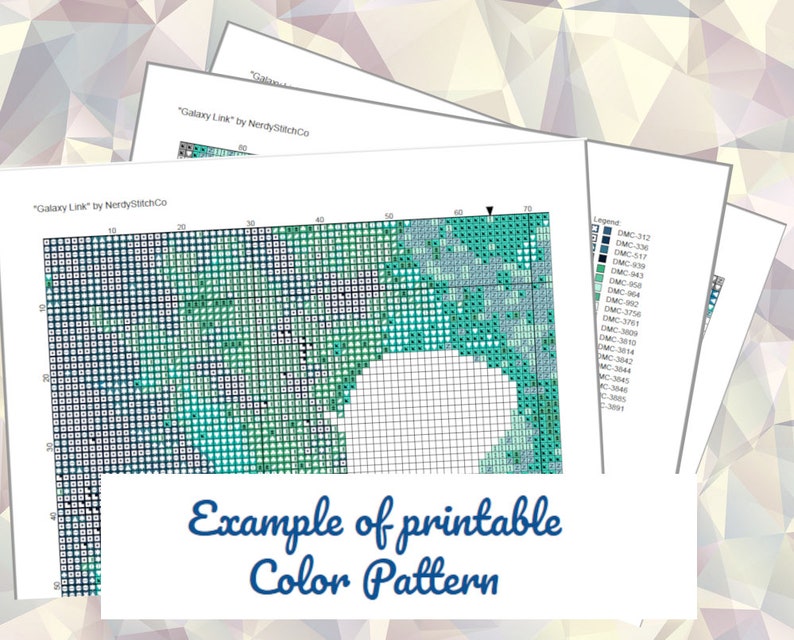 May include: A printable cross-stitch pattern for a galaxy design. The pattern is in black and white with a color legend for DMC floss. The pattern is labeled "Galaxy Link" by NerdyStitchCo.