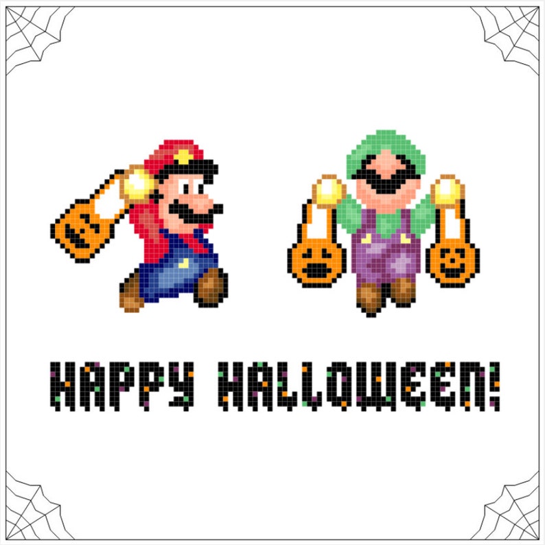 May include: A pixelated image of Mario and Luigi dressed in Halloween costumes, each carrying a pumpkin-shaped trick-or-treat bag. The text "HAPPY HALLOWEEN!" is written below them.
