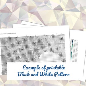 May include: A black and white cross-stitch pattern for a galaxy-themed design. The pattern is labeled "Galaxy Link" by NerdyStitchCo. The pattern is printed on a white background and includes a legend with DMC thread colors.