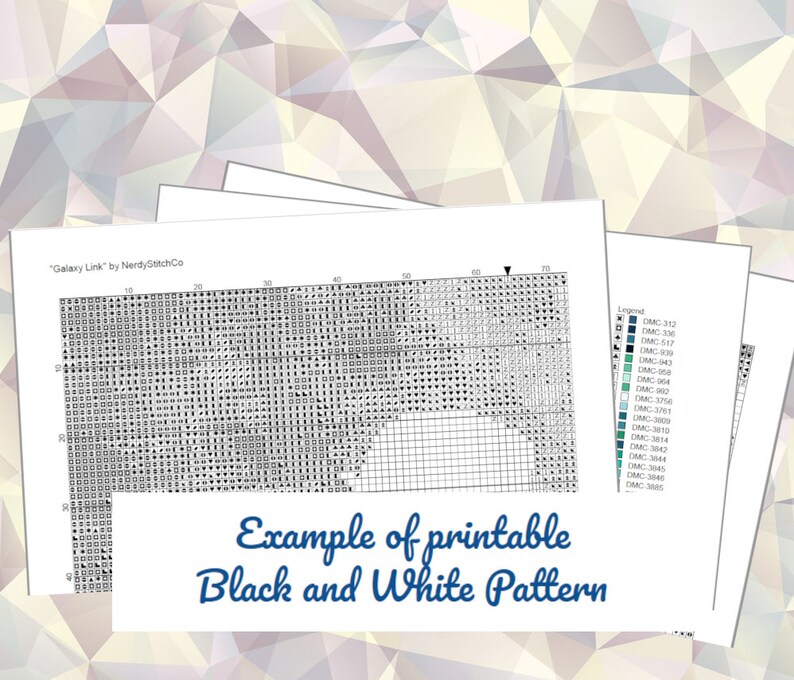 May include: A black and white cross-stitch pattern for a galaxy-themed design. The pattern is labeled "Galaxy Link" by NerdyStitchCo. The pattern is printed on a white background and includes a legend with DMC thread colors.