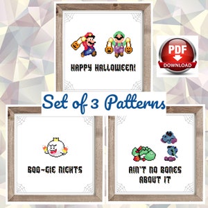 Mario and Luigi Halloween Set of 3 Cross Stitch Patterns - Instant Download PDFs, video game, cute, nerdy, 8-bit