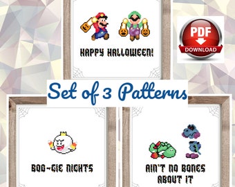Mario and Luigi Halloween Set of 3 Cross Stitch Patterns - Instant Download PDFs, video game, cute, nerdy, 8-bit